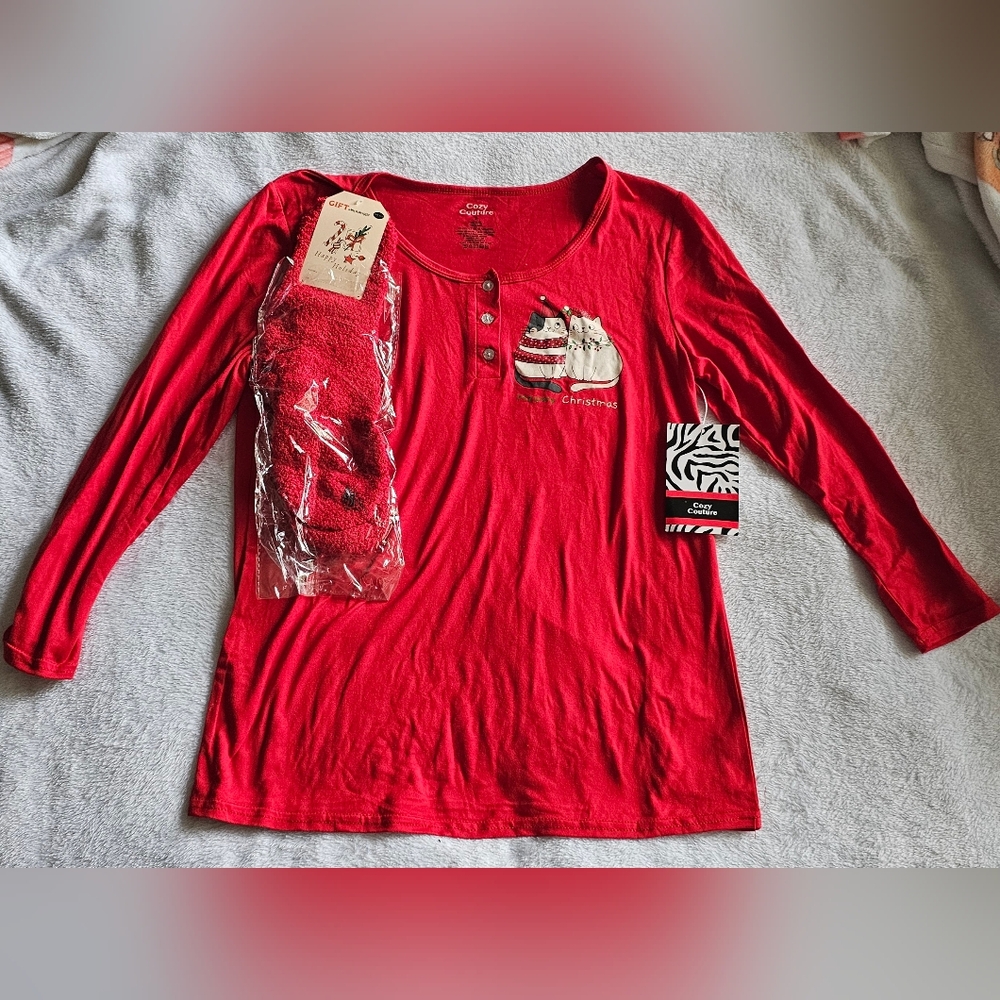 Cozy Couture Christmas Top With Cats On It & Pair Of Socks